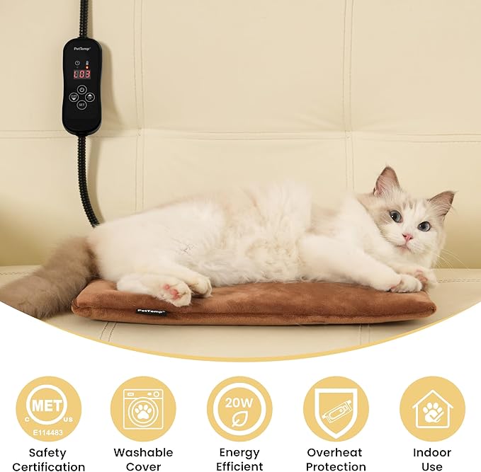 Pet Heating Pad for Cats and Dogs, Comfortable Heated Pet Bed, Waterproof Heated Pet Mat with 5 Adjustable Heat Levels, Timer & Auto Power-Off, Chew Resistant Cord, 16'' x 13''