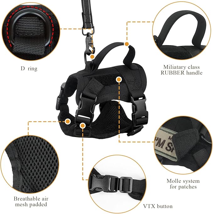 Tactical Cat Harness for Walking Escape Proof, Soft Mesh Adjustable Pet Vest Harness for Large Cat, Small Dog and Khaki (Black, Medium)