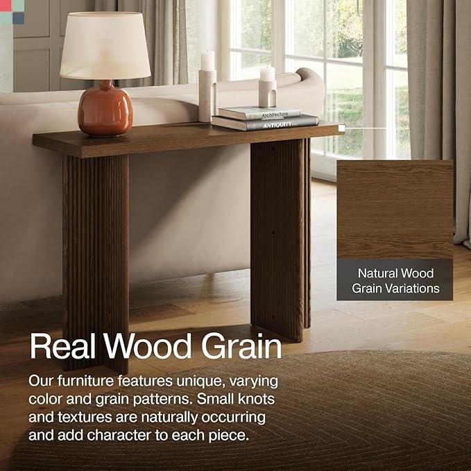 Fluted Console Table - Slim Entryway Table for Narrow Hallways - Natural Wood Console with Curved Cross Base & Mid-Century Modern Style - Walnut