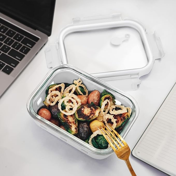 GENICOOK Glass Food Storage Meal Prep Containers - Food Grade Silicone Wrap & Air Release Vent, Rectangular shape - 8 Pc Set (4 Containers - 4 Matching Lids)