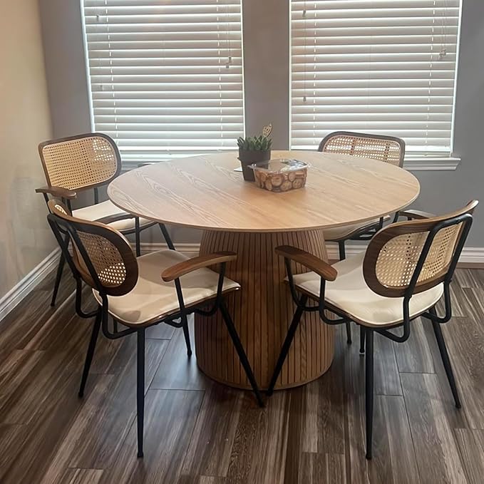 Rattan Dining Room Chairs Set of 2,Mid Century Modern Kitchen Side Chairs,Metal Legs Desk Chairs,Green Modern Corduroy Fabric Accent Chairs with Arms and Rattan Backrest