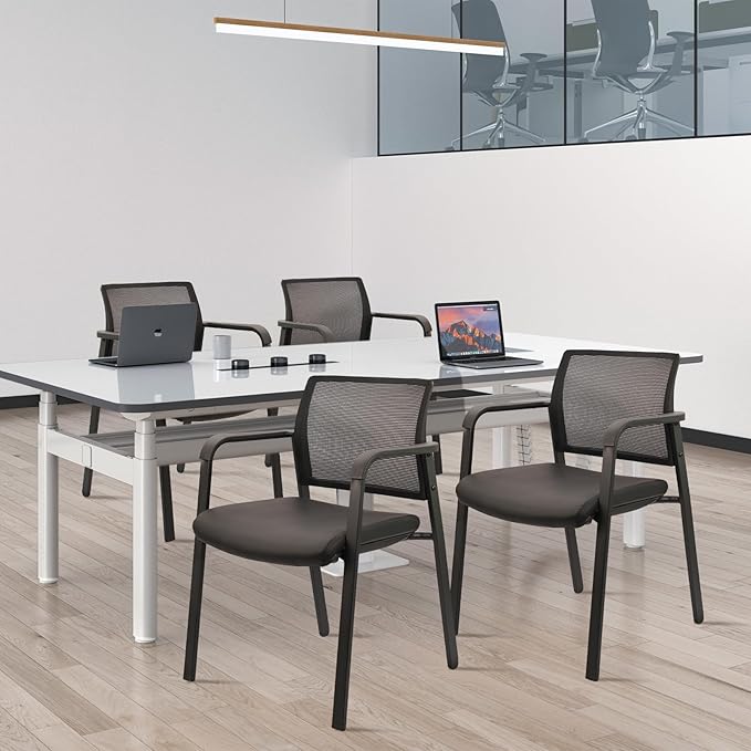 CLATINA Stackable Office Chair, Mesh Back Guest Chairs with Comfortable Leather Seat Arms Stacking Ergonomic Desk Chair No Wheels for Conference Waiting Reception School Stationary, Black, Set of 2