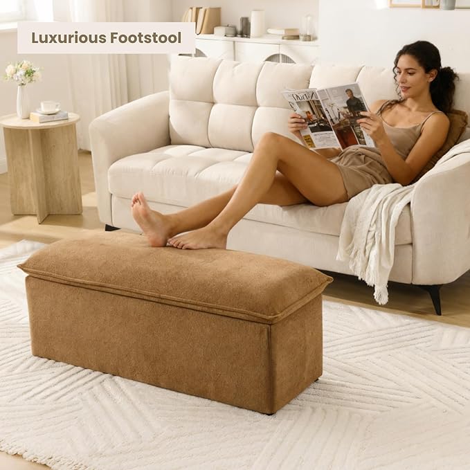 45.5 Inch Storage Ottoman Bench, Modern Upholstered Chenille End of Bed Bench with 2 Safety Hinge, Entryway Bench with Seating for Bedroom Living Room, Brown