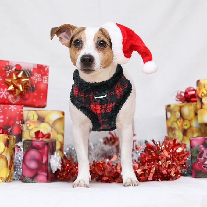 SCENEREAL Small Dog Harness Collar and Leash Set, Warm Fleece No Pull Puppy Vest Harness, Christmas Dog Outfit No Chock Adjustible Step in Pet Halter for Outdoor Walking Training, Red Plaid S