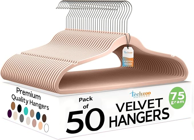 50 Pack New Premium Quality Velvet Hangers Ultra Thin Non Slip Adult Felt Space Saving Hangers for Closet Heavy Duty Coat Pants Jackets Dress Hangers 360° Swivel Hook Hold Upto 10lbs Rose Gold