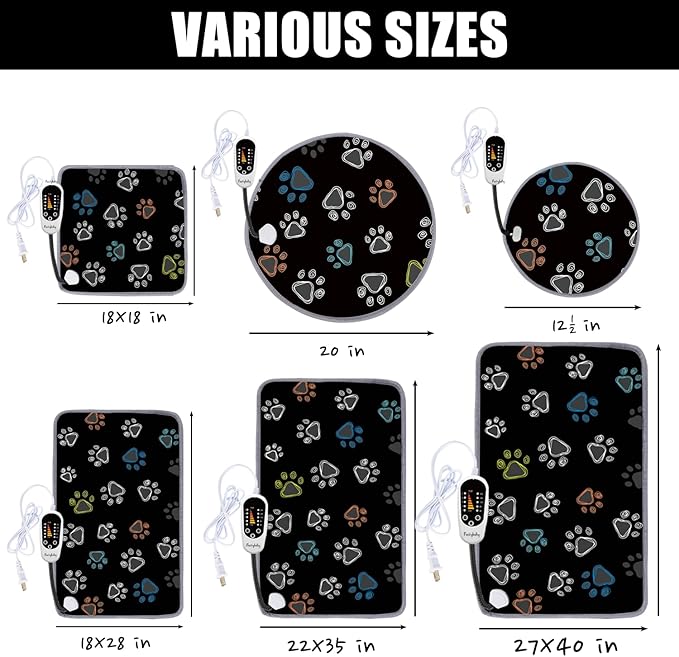 furrybaby Pet Heating Pad, Waterproof Dog Heating Pad Mat for Cat with Durable Anti-Bite Tube Indoor for Puppies Dogs Cats (1 Pack Black, Round 12in, Temp Adjustable)