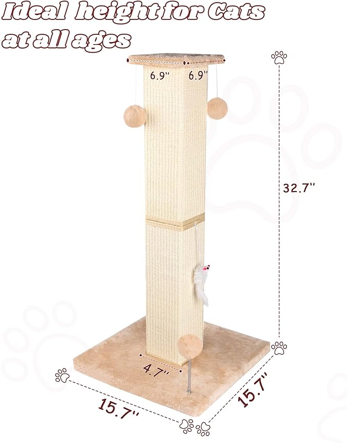 ANWA Large Cat Scratching Posts for Indoor Cats, 32" Tall Vertical Cat Scratching Post with Dangling Toys, Premium Sisal Rope Post Scratcher for Cats at All Ages, Beige