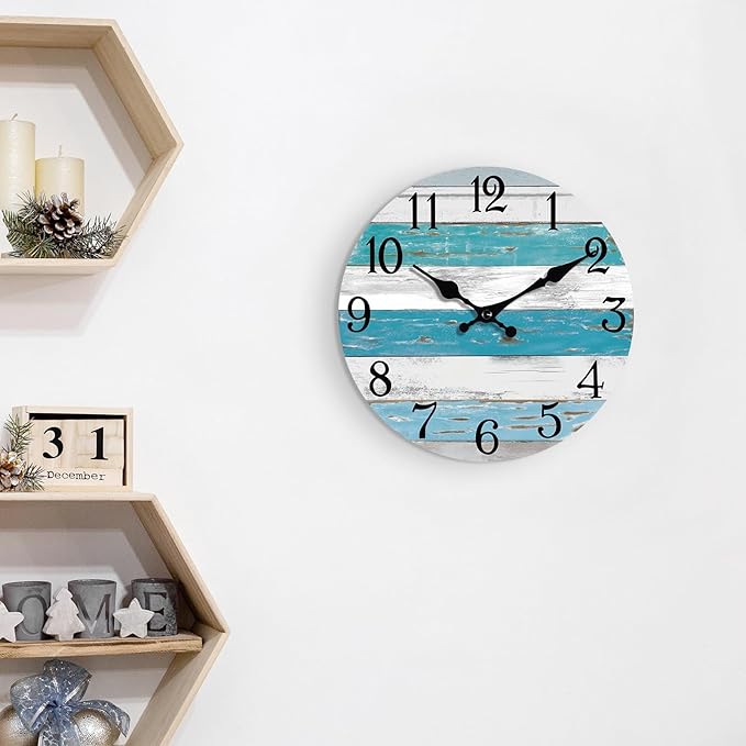 Wall Clock Battery Operated 8 Inch Outdoor Beach Style Blue Coastal Retro Silent Non Ticking Decorative for Bathroom Kitchen Living Room Bedroom