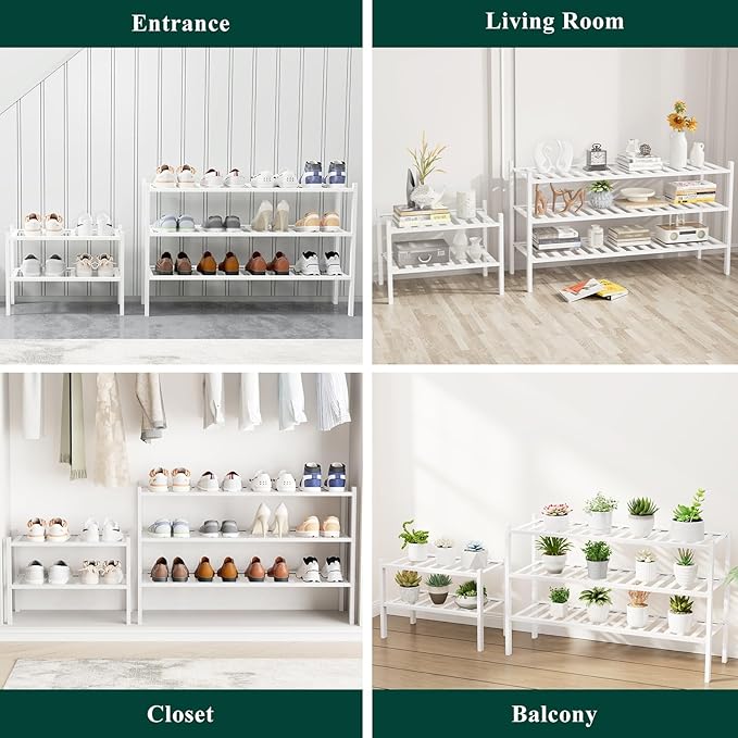 Smiry Shoe Rack, 2 Tier Long Bamboo Shoe Organizer, Stackable Free Standing Wooden Shoe Storage Shelf for Closet, Entryway, Front Door Entrance, White