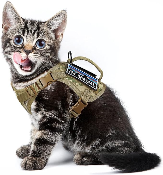 Tactical Cat Harness for Walking, Adjustable Escape Proof Pet Vest for Large Cat,Easy Control Breathable Cat Vest with Handle,Molle Patches (camo Khaki, L)