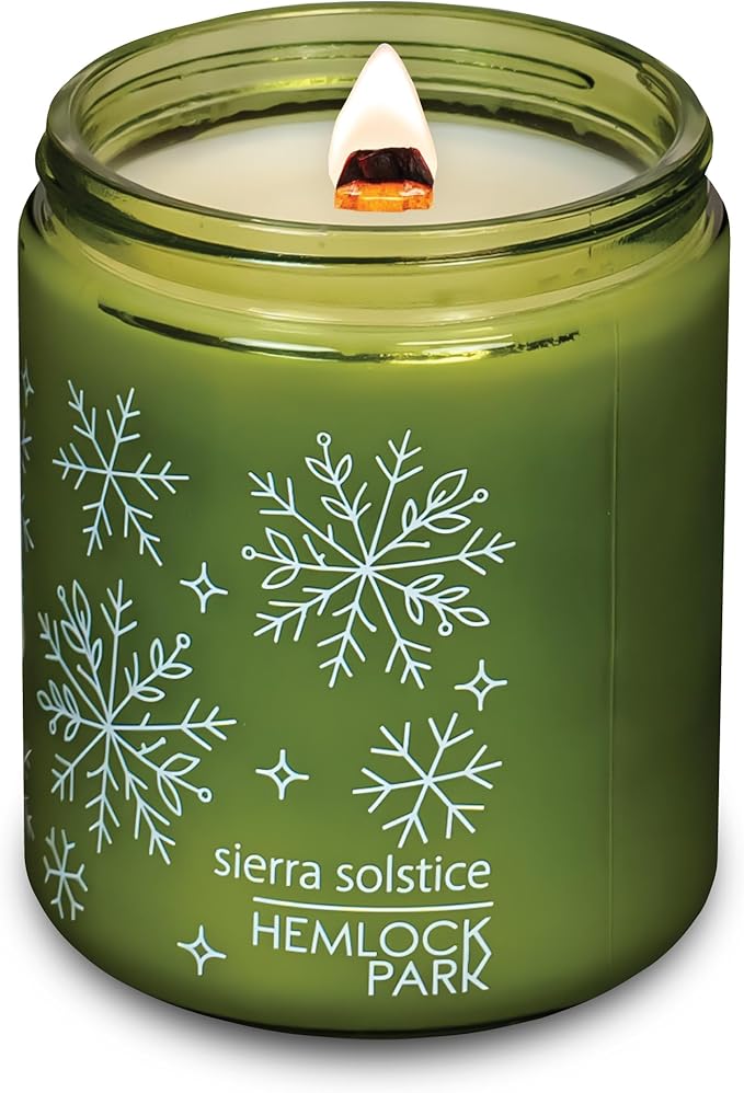 Hemlock Park Green Glass Wood Wick Candle Handcrafted with Natural Coconut Wax (Standard 8 oz, Sierra Solstice)