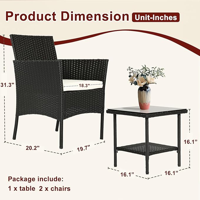 FDW Wicker Outdoor Furniture Patio Furniture Set of 3 Rattan Patio Chairs Outdoor Chairs Patio Conversation Set with Coffee Table for Yard Backyard Lawn Porch Poolside Balcony,Black