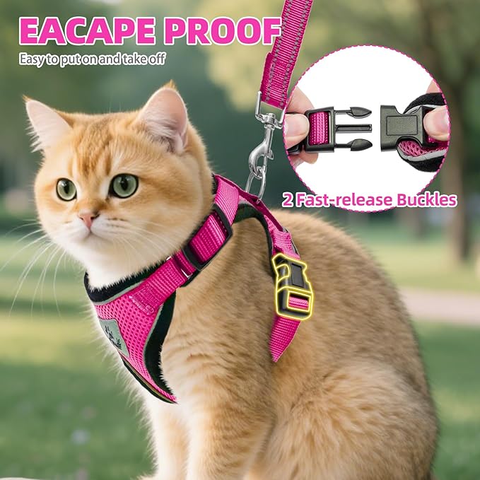 PUPTECK Cat Harness and Leash Set Escape Proof Reflective Cat Walking Harness Adjustable Soft Breathable Mesh Vest for Small Pets, Deep Pink, S