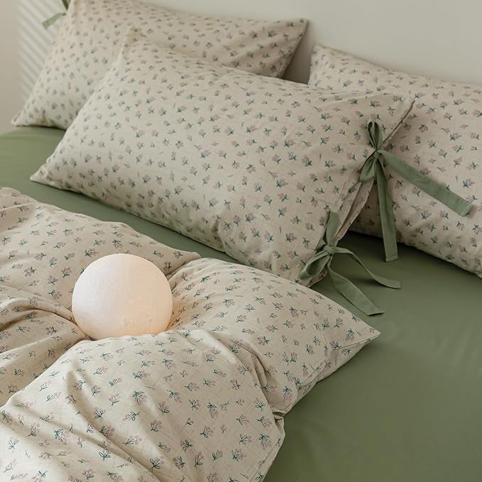 Cotton Duvet Cover King Chic Aesthetic Green Floral Comforter Cover Vintage Cottagecore Style Duvet Cover with 2 Bowknot Pillowcases Garden Flower Botanical Bedding Duvet Cover with Zipper Closure