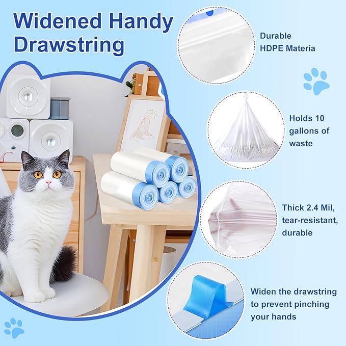 Cat Litter Bags 100 Pack, Thickened cat litter box liners, Leakproof Poop Bags & Waste Bags - Ultimate Odor Control and Leakproof Design,5 Rolls Drawstring Trash Bags for Automatic Litte(18x20inches)