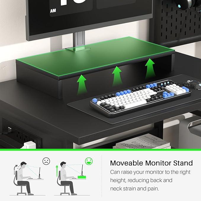 Small Gaming Desk with 2 Fabric Drawers - Reversible Computer Desk with Power Outlet & LED Lights, 49" Office Desk with Monitor Stand & Storage Shelves, Writing Study Table with Pegboard, Black