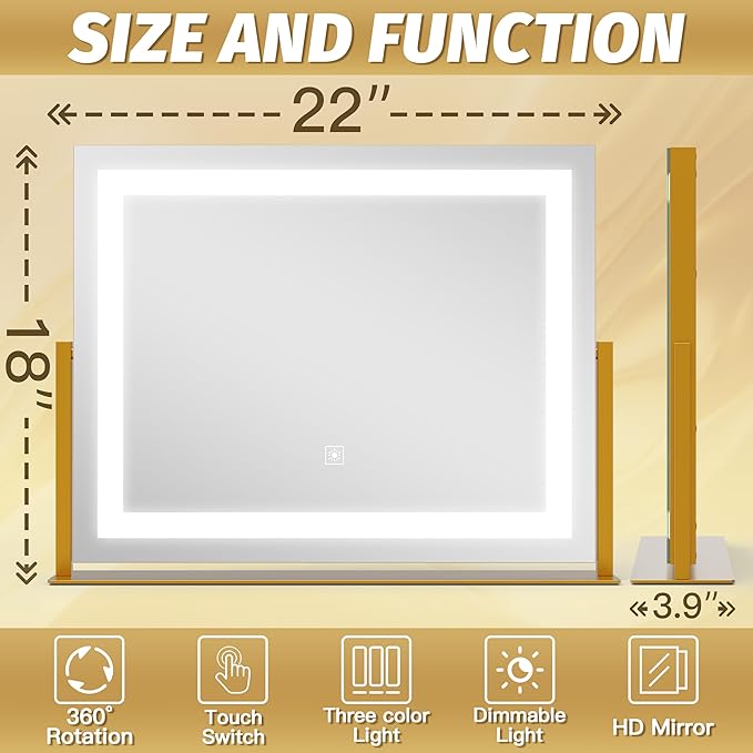 FENNIO Vanity Mirror with Lights 22''x18'' Makeup Mirror with Lights,Lighted Makeup Mirror with 10X Magnification ,Smart Touch Screen with 3-Color Lighting,Dimmable(Square Gold)