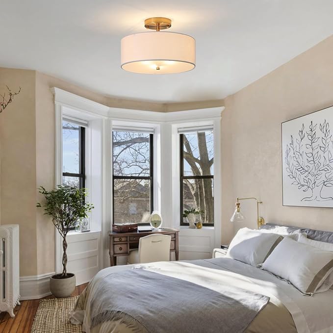 12.6" Semi Flush Mount Ceiling Light Fixture, 3 Light Gold Drum Light Fixtures with White Fabric Shade, Modern Close to Ceiling Lighting for Living Room, Bedroom, Hallway, Entry, Foyer