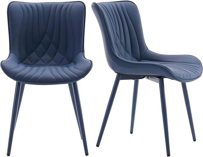 YOUTASTE Navy Blue Dining Chairs Set of 2, Mid Century Modern Comfy Kitchen Chair, Upholstered Faux Leather, Navy Blue Metal Legs, Armless Accent Chairs for Bedroom Vanity Lounge