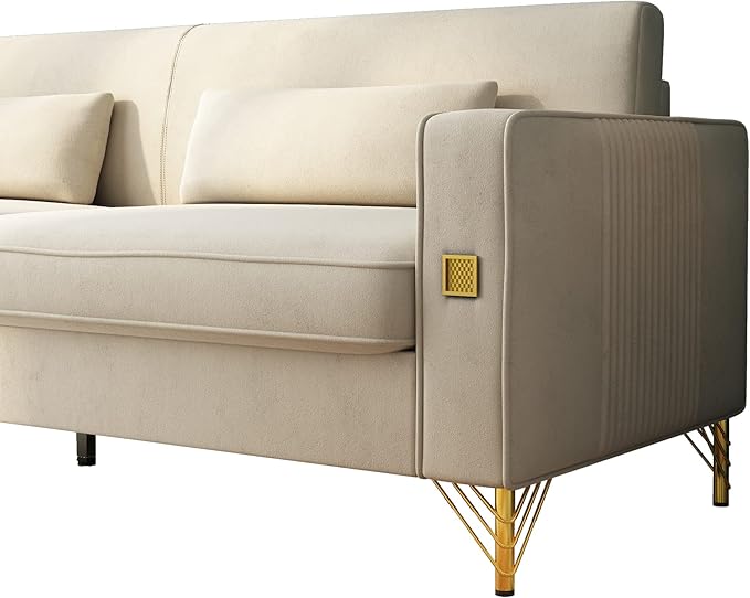 85.63" Velvet Sofa,Modern Loveseat Couch with Pillows Set of 2 for Living Room,Bedroom,Apartment Furniture with Gold Metal Legs (Beige)
