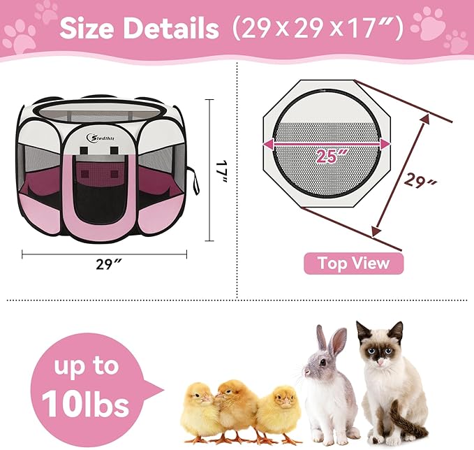 Pink Dog Playpen, Puppy Pet Cat Playpen Indoor for Small Dogs Cats, Dog Tent Crates Cage Indoor/Outdoor, Portable Pop Up Dog Kennel Playpen with Carrying Case for Dogs/Cats/Rabbits, Zipper Top