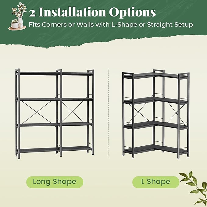 Huuger 4 Tier Bookshelf, L Shaped Corner Bookshelf with 8 Open Shelves, 49.4 Inch Straight Wide Bookcase with Metal Frame and Wooden Board, Adjustable Feet, Black