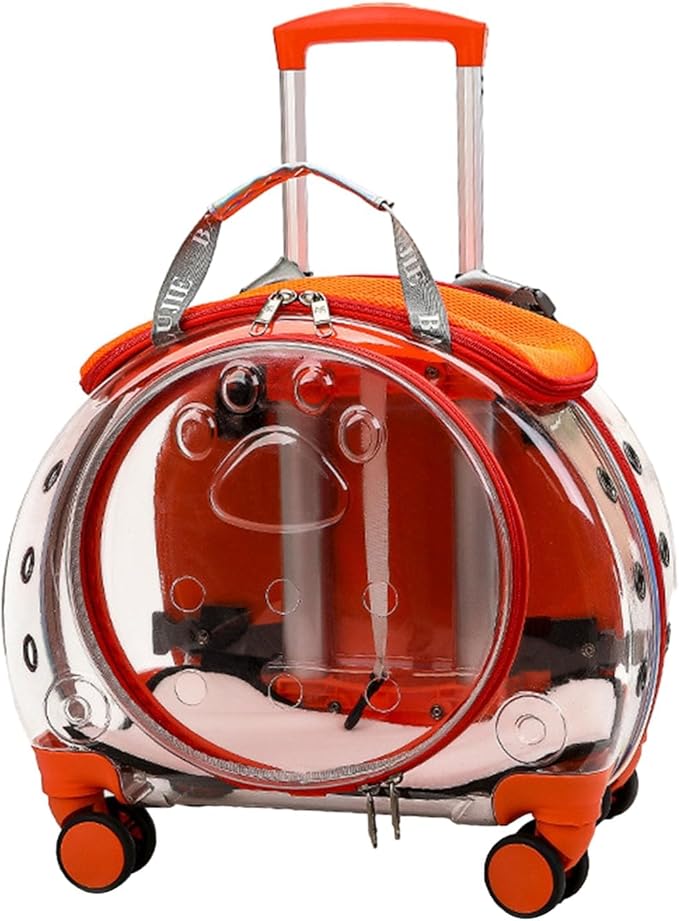 Pet Trolley Case with Ventilation Holes, Pet Carrier,Rolling Carrier,Clear Window Trolley Case,Strollers for Small Dogs,Cat Carrier with Silent Wheels Telescopic for Travel Orange