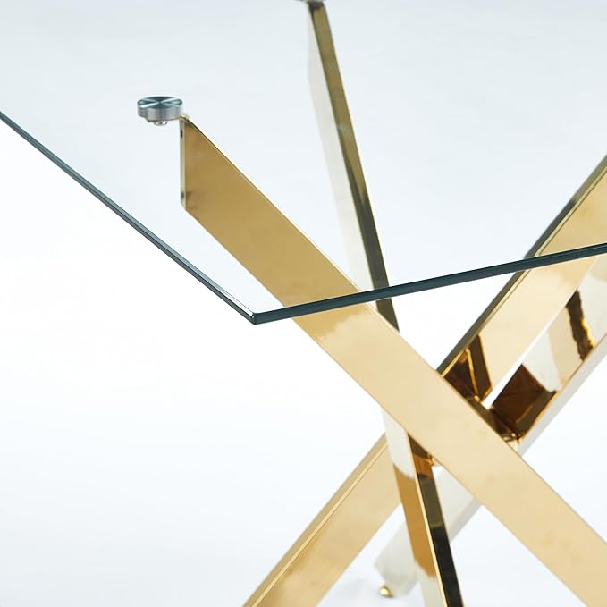 36" Square Dining Table for 4, Modern Clear Glass Kitchen Table for 4 with Gold X Metal Legs, Contemporary Small Glass Dining Room Leisure Tables for Kitchen Apartment