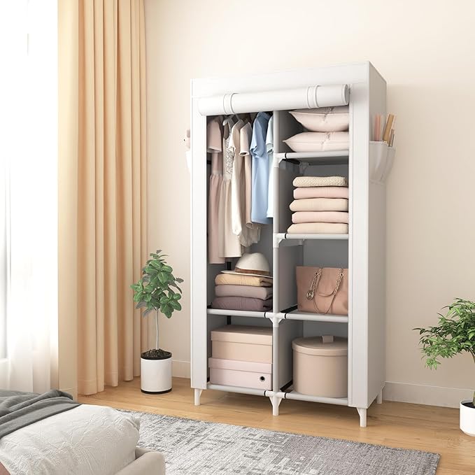 ROJASOP Portable Closet Wardrobe Closet for Hanging Clothes with 6 Storage Shelves, 1 Hanging Rod and 4 Pockets, Clothes Organizer and Storage Wardrobe Free Standing Closet for Bedroom, White