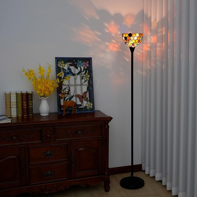 Tiffany Floor Lamp Tochiere Standing Multicolored Stained Glass Floor Light Vintage Tall Pole Uplight Lamp Rustic Corner Lamp with Foot Switch for Home Decor Living Room Bedroom