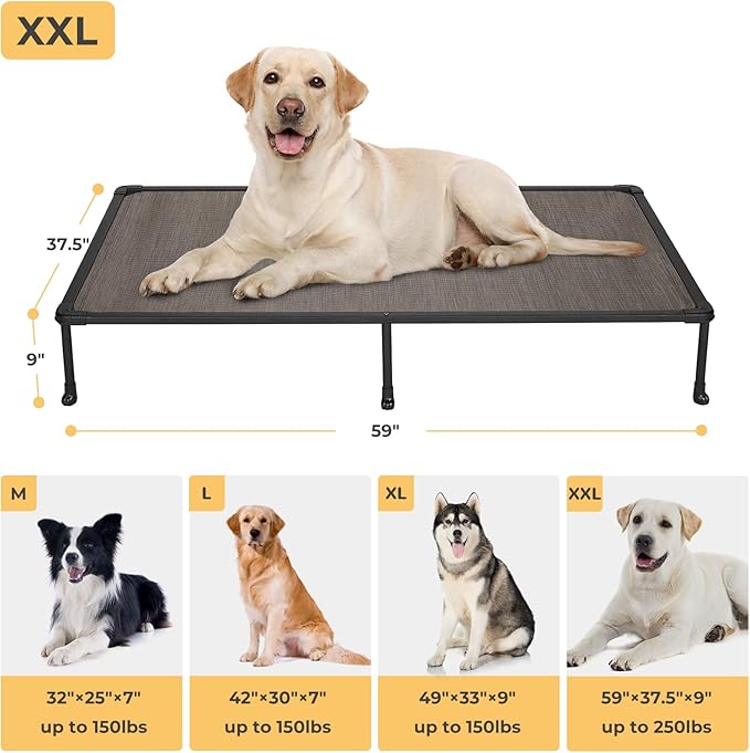 Veehoo Chewproof Elevated Dog Bed - Cooling Raised Pet Cot, Breathable Mesh, Washable & Non-Slip for Large Dogs, Indoor/Outdoor, Brown Mat and Black Frame, 59x37inches (Model CWC2203A03)