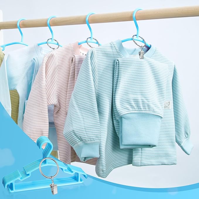 Baby Hangers with Metal Ring Clips, Children Plastic Hanger for Kids Pants Clothes Closet, 20 Pack, Blue