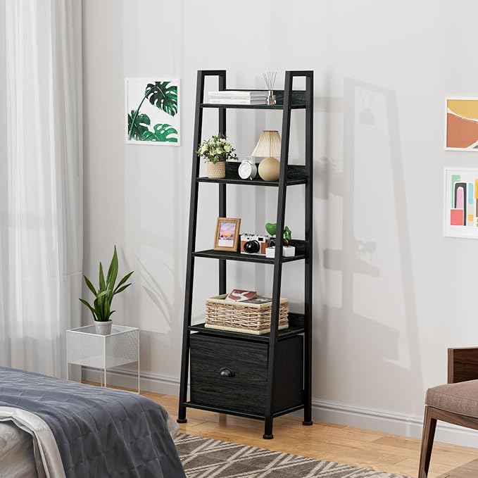 Furologee Ladder Shelf, Book Shelf with Drawer, 5 Tier Bookshelf, Industrial Display Open Bookcase Storage Shelves for Books, CDs, Photos, Black Shelving Unit for Home Office, Living Room