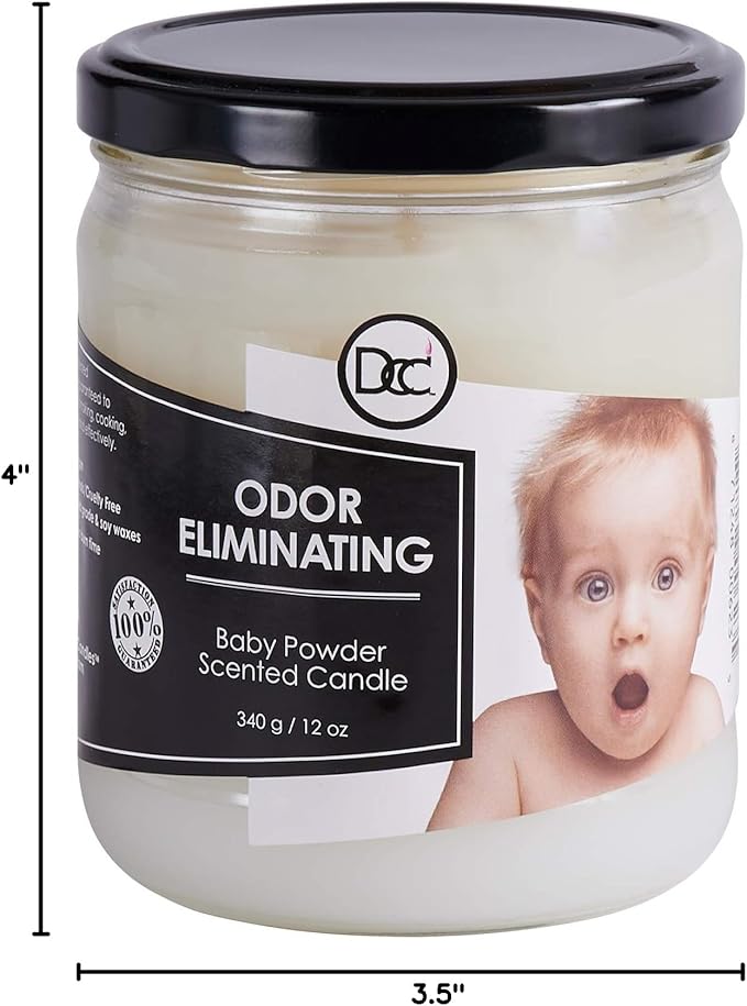 Baby Powder Odor Eliminating Highly Fragranced Candle - Eliminates 95% of Pet, Smoke, Food, and Other Smells Quickly - Up to 80 Hour Burn time - 12 Ounce Premium Soy Blend