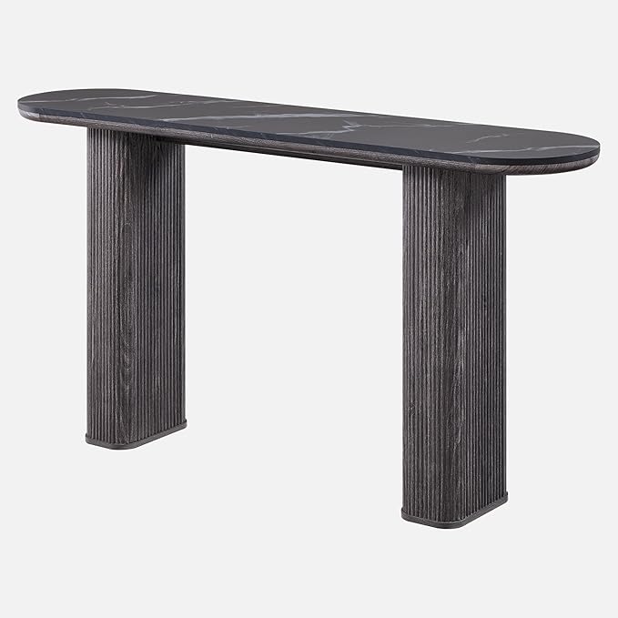 OKD 63" Modern Console Table with Arc Marble Texture Top, Fluted Wood Base, Contemporary Entryway Sofa Table for Living Room, Hallway, Foyer, Dark Alder