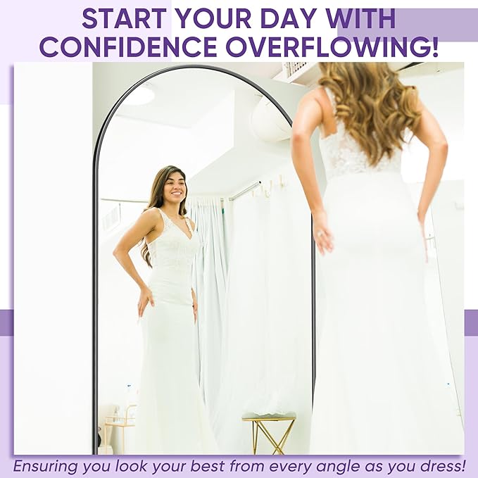 Full Length Mirror, 72"x44" Floor Mirror Freestanding, Oversized Floor Standing Mirror Full Body Mirrors with Stand for Bedroom, Hanging Mounted Mirrors for Living Room, Black, Arched