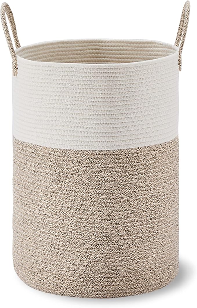 VIPOSCO Large Laundry Hamper, Tall Woven Rope Storage Basket for Blanket, Toys, Dirty Clothes in Living Room, Bathroom, Bedroom - 58L White & Brown
