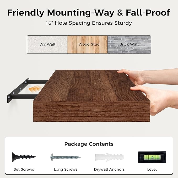 Floating Shelves 48 Inch Long, 12 Inch Deep Floating Shelves for Wall, 48 x 12 Large Wall Shelves for Home Storage & Display, 2" Thicked Floating Shelf for Bedroom, Living Room, Walnut Color, 1 Pack