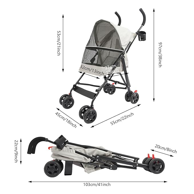 Pet Travel Stroller 22 * 18 * 38in, Pet Stroller Made of Oxford Cloth, Spray Molding Foldable, Small Dog Cat Cage Jogger Travel Carrier Breathable and Visible 22 Lbs Capacity(Gray)