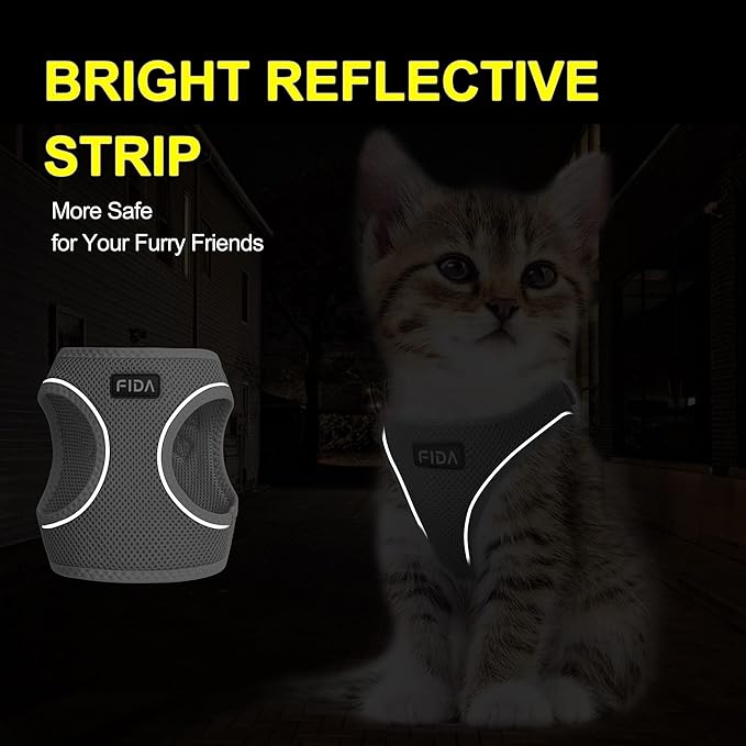 Fida Cat Harness and Leash Set for Walking Kitten and Puppy, Escape Proof Kitten Harness with Breathable Lightweight Soft Mesh, Adjustable Reflective Step-in Design for Kitten and Puppy.(XXXS, Grey)