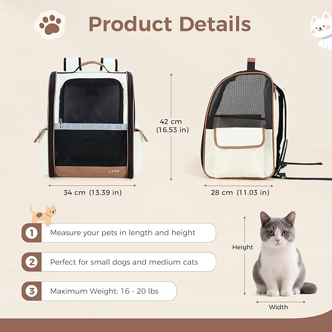 Lekereise Cat Backpack Carrier, Pet Carrier Backpack Airline Approved for Small Dogs Medium Cats Fit Up to 18 Lbs, Dogs Foldable Backpack Carrier for Travel, Hiking, Beige