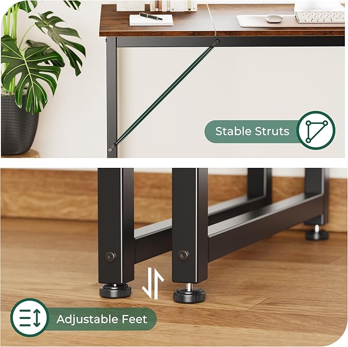 Huuger Computer Desk, 70 Inch Office Desk, Gaming Desk with Storage, Writing Desk Work Desk for Home Office, Study, Long Simple Desk, Large Legroom, Metal Frame, Rustic Brown