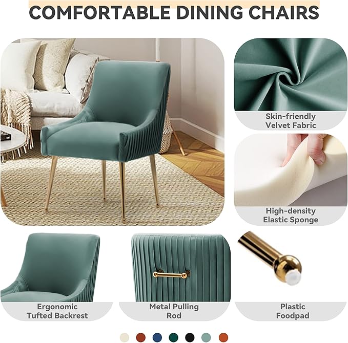 Dining Chairs, Accent Chairs Set of 2, Modern Upholstered Kitchen Dining Room Chairs with Gold Legs, Fabric Tufted Velvet Living Room Chairs for Reception Room Bedroom Guest Room (Green)