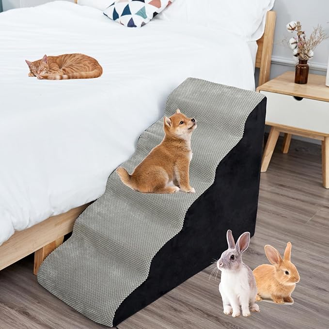 24.4 Inches Dog Stairs&Steps for High Beds Up to 24-28" High, Pet Steps for Small Dogs/Cats, Older Pets, Non-Slip 30D High Density Foam Dog Ramp Assembled
