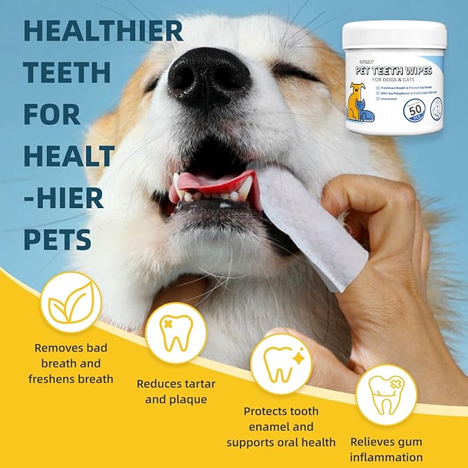 No-Rinse Dog Teeth Cleaning Wipes - Cat & Dog Fresh Breath Pet Dental Finger Wipes, Dog Toothbrush Dental Wipes to Easy Remove Plaque & Tartar, Gently Cleans Discharge (L-50PCS, Unscented)