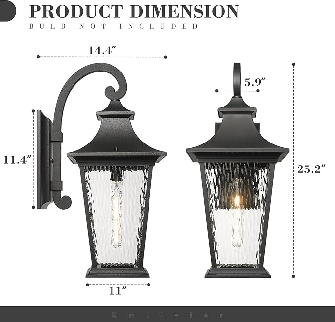 Emliviar 25 Inch Exterior Lighting Fixture, Black Outside Lights for House, Outdoor Wall Lantern with Water Ripple Glass, XE220B-SW BK