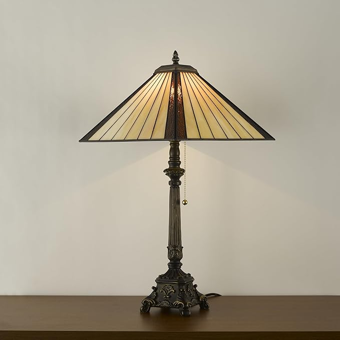 Tiffany Table Lamps Yellow Brown Stained Glass Striped Checkered Style Mission Desk Lamp 12X12X24 Inch Bronze Resin Base