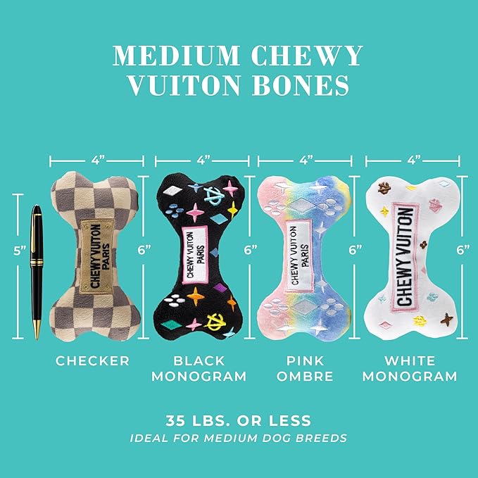 Haute Diggity Dog Medium Chewy Vuiton Bones Plush Dog Toys for Small, Medium & Large Dogs, 4-Pack Durable Stuffed Designer-Inspired Pet Toys with Interactive Squeaker, Machine-Washable & Safe