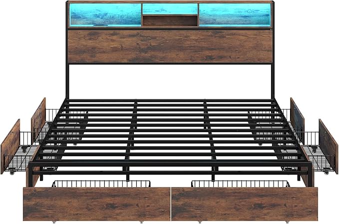 King Size Bed Frame with LED Headboard & Charging Ports, Rustic Wood Platform King Bed Frame with 6 Storage Drawers and Display Shelf, Heavy-Duty Metal Frame, No Box Spring Needed, Brown