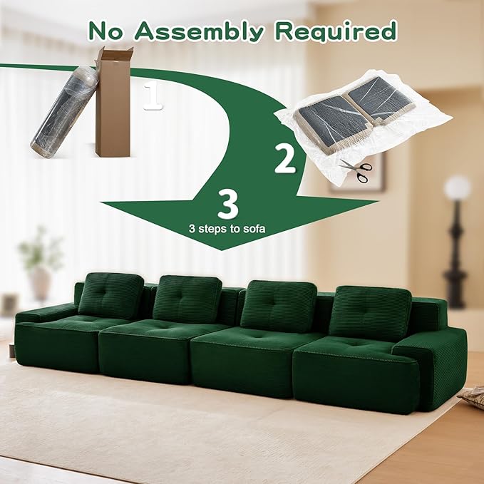 150" Modern Compressed Boneless Couch, 4 Seater Sectional Couches for Living Room, Green Corduroy Cloud Modular Sectional Sofa, Comfy Memory Foam, Extra Deep, Sofas para Sala, No Assembly